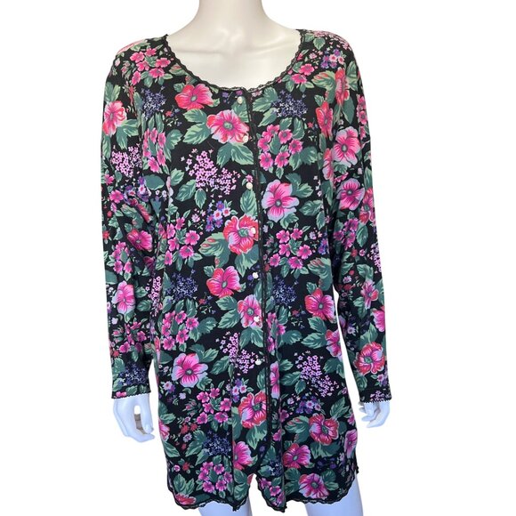 Victorias Secret Vintage 80s/90s Floral Button-Front Sleep Shirt Black/Pink M/L - Picture 1 of 8